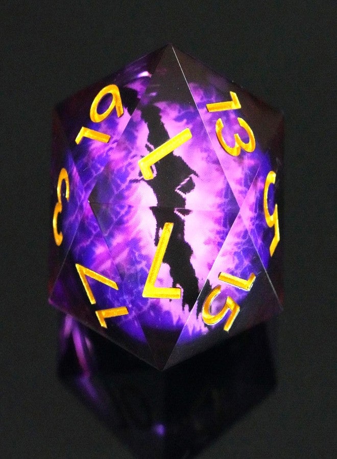 Maywin Handmade Sharp Edge 33mm Large Dice.Moving Dragon Eyeball Core Single Large D20 with Gift Box for Dungeons and Dragons(Purple Streak Lightning Eyeball-Gold Ink) - Image 1